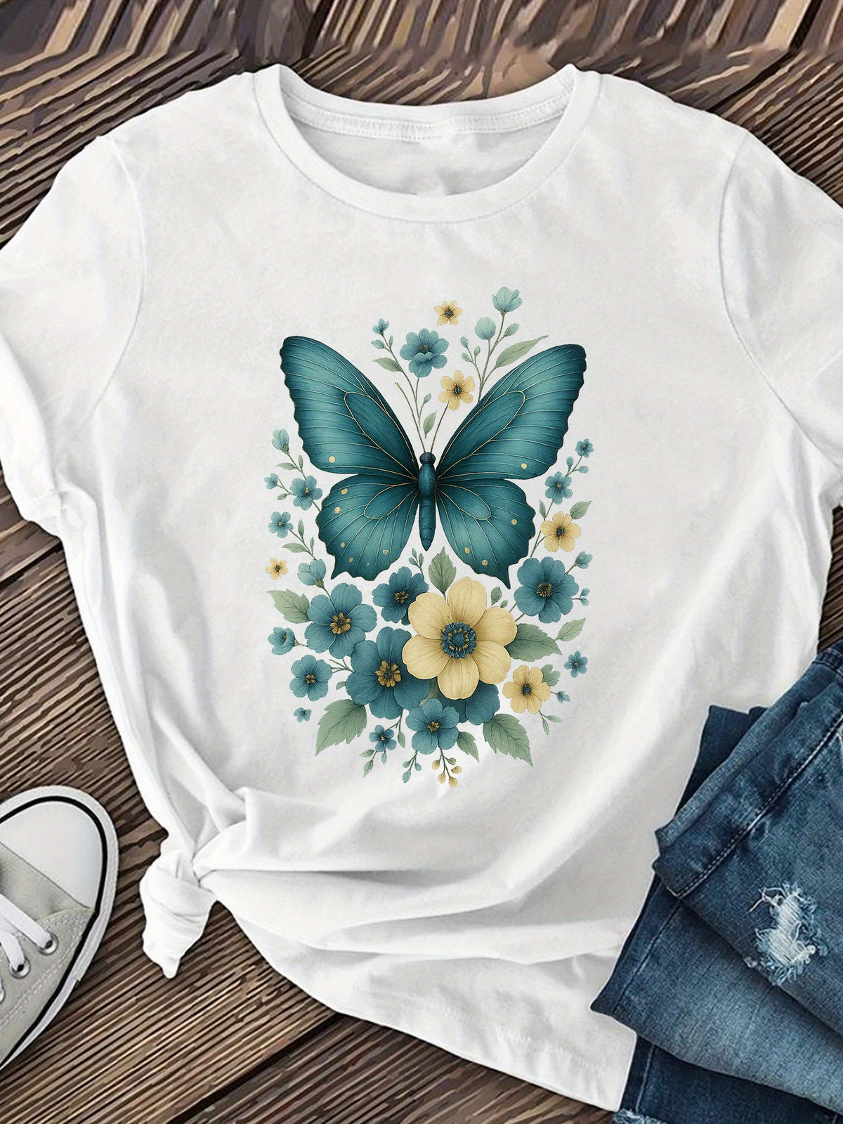 Butterfly Floral Print Graphic Tee for Women, Cute Nature Inspired Short Sleeve T-Shirt, Breathable Soft Casual Round Neck Top for Spring Summer Fall Daily Wear