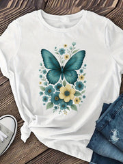 Butterfly Floral Print Graphic Tee for Women, Cute Nature Inspired Short Sleeve T-Shirt, Breathable Soft Casual Round Neck Top for Spring Summer Fall Daily Wear