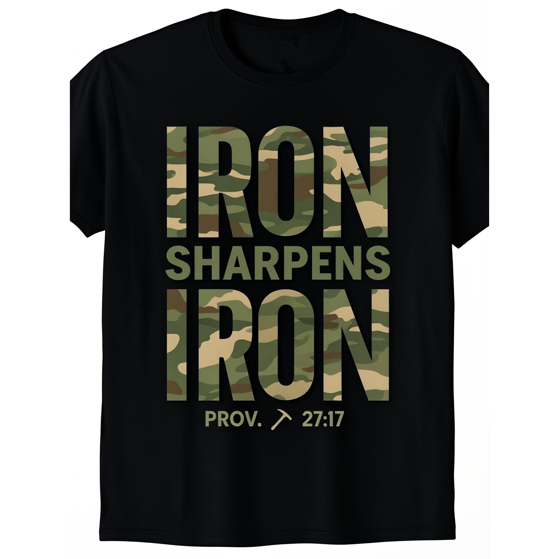 “Iron Sharpens Iron” Camo Faith Tee – Christian Workout Shirt for Men, 100% Cotton Casual Crewneck