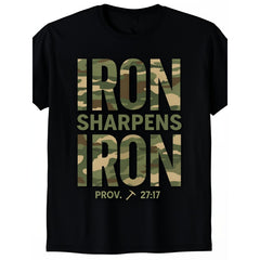 “Iron Sharpens Iron” Camo Faith Tee – Christian Workout Shirt for Men, 100% Cotton Casual Crewneck