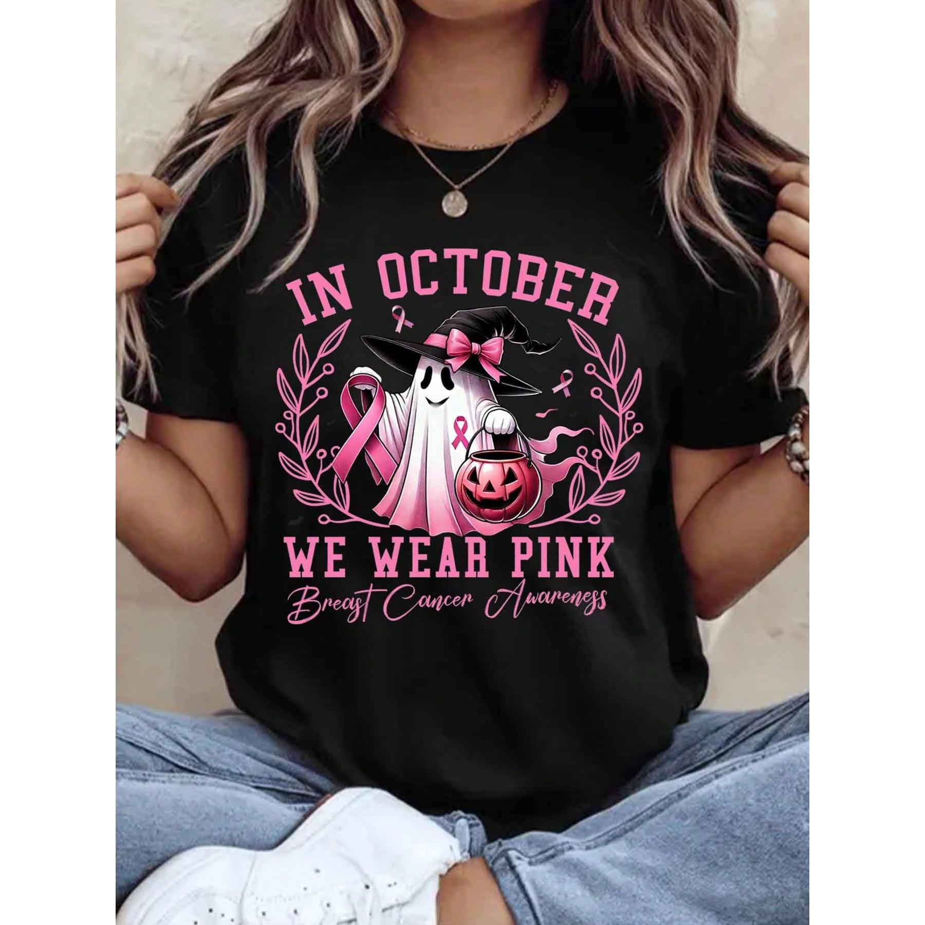 In October We Wear Pink Breast Cancer Awareness Halloween Ghost Witch Shirt Women Funny Autumn Festival Graphic Tee Top