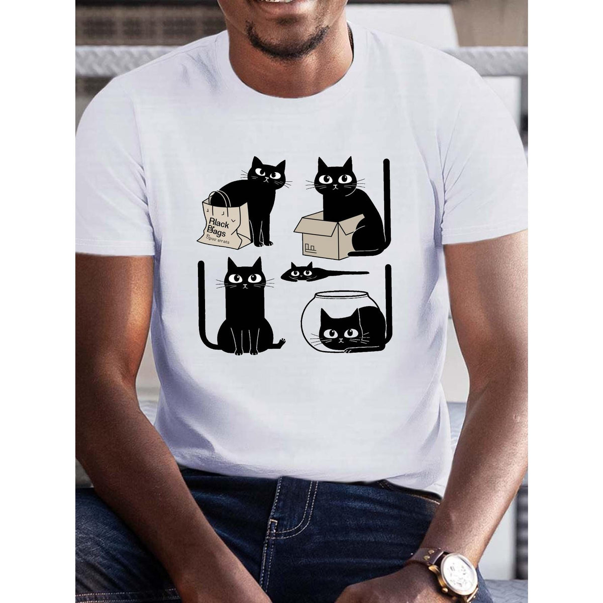 Men's Humorous Black Cat Graphic Tee - Crew Neck, Trendy Casual Wear for Adult, Summer Fashion Essential