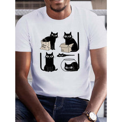 Men's Humorous Black Cat Graphic Tee - Crew Neck, Trendy Casual Wear for Adult, Summer Fashion Essential