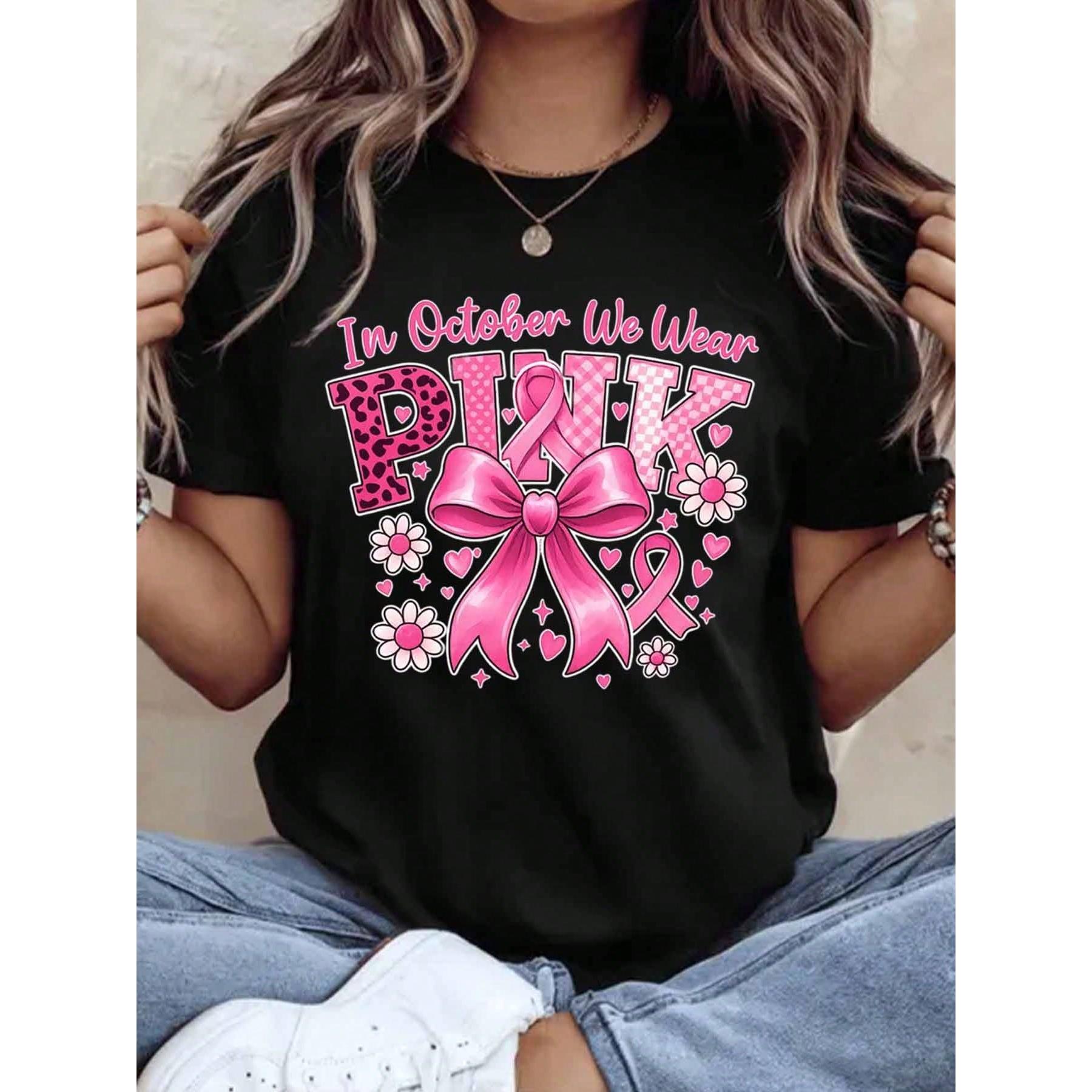 In October We Wear Pink Shirt Women Breast Cancer Awareness Graphic Tee Casual Short Sleeve Top Fall Fashion Gift,