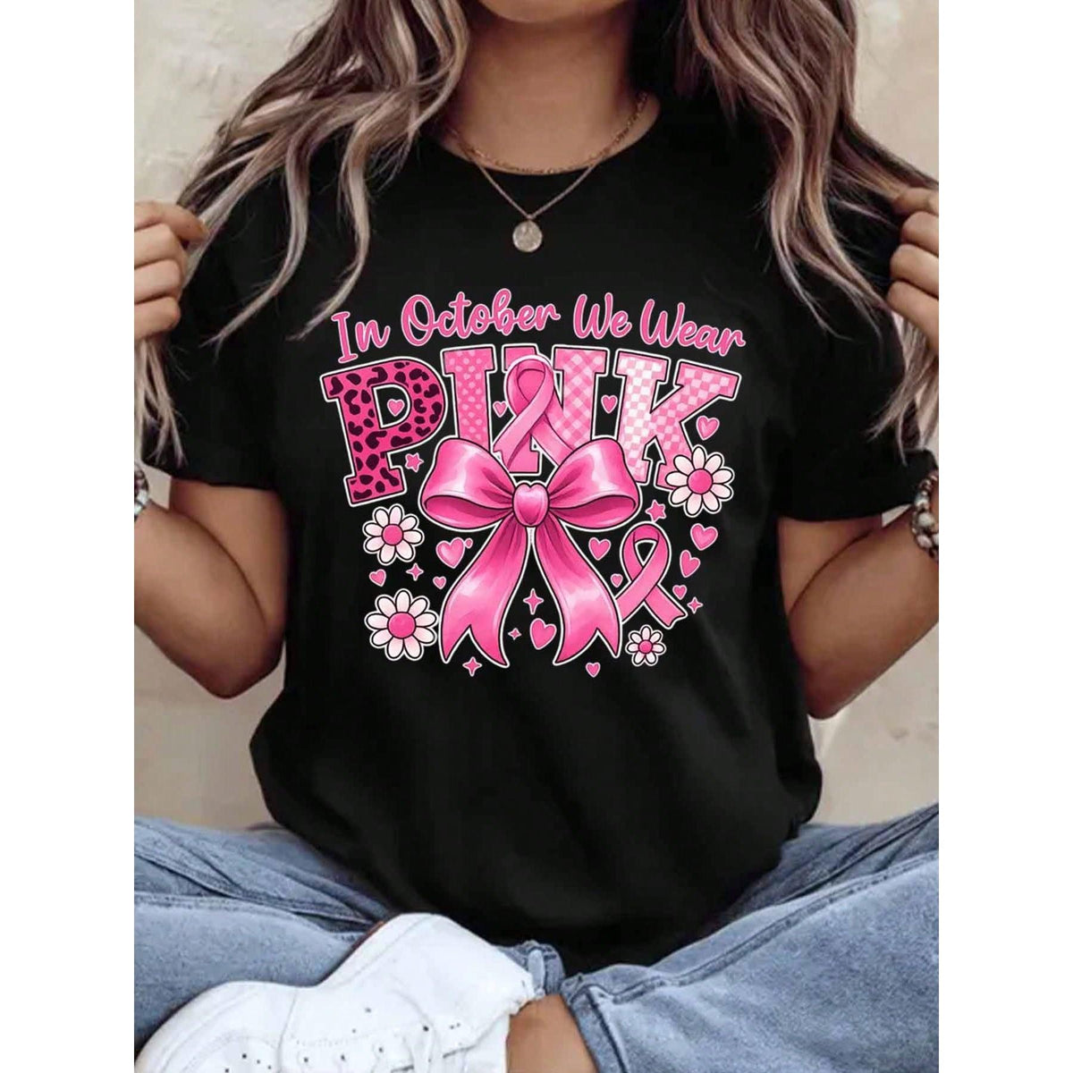 In October We Wear Pink Shirt Women Breast Cancer Awareness Graphic Tee Casual Short Sleeve Top Fall Fashion Gift,