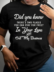 Women's Sassy Funny Quote Graphic T‑Shirt, In Your Lane Out My Business Retro Script Short Sleeve Crew Neck Tee