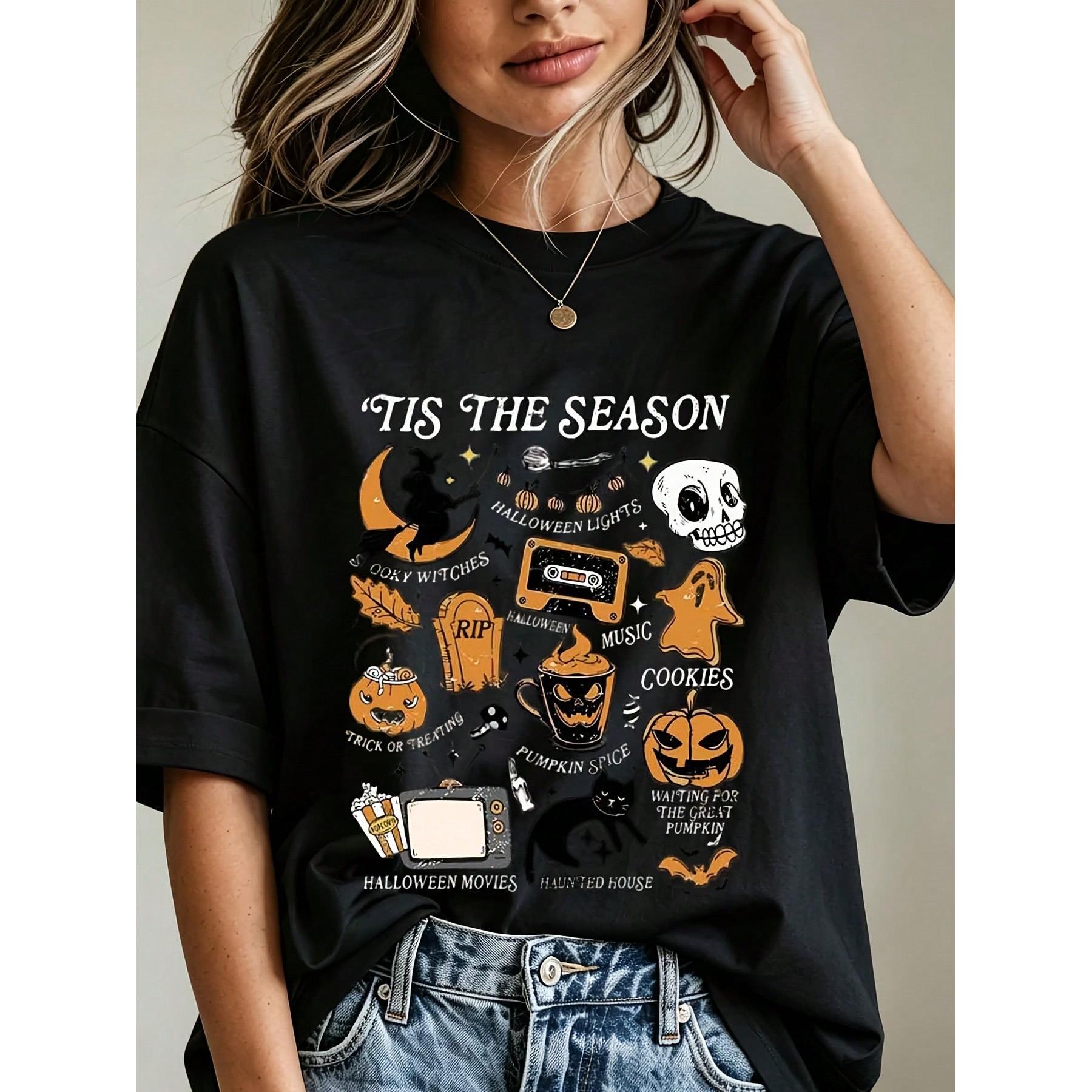 Women Casual Halloween Graphic Tee Tis The Season Witch Skull Pumpkin Ghost Cassette Tape Print Top Autumn Festival Gift For Friends