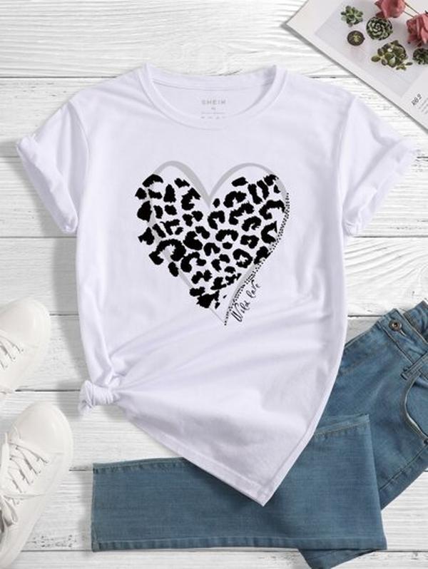 INAWLY Heart And Letter Graphic Tee Graphic Cheetah Print Tees Women Tops