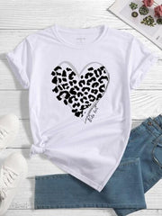 INAWLY Heart And Letter Graphic Tee Graphic Cheetah Print Tees Women Tops