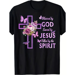 Blessed by God, Saved by Jesus, Filled by the Spirit Christian T-Shirt - Purple Floral Cross Graphic Tee, Unisex Faith Gift