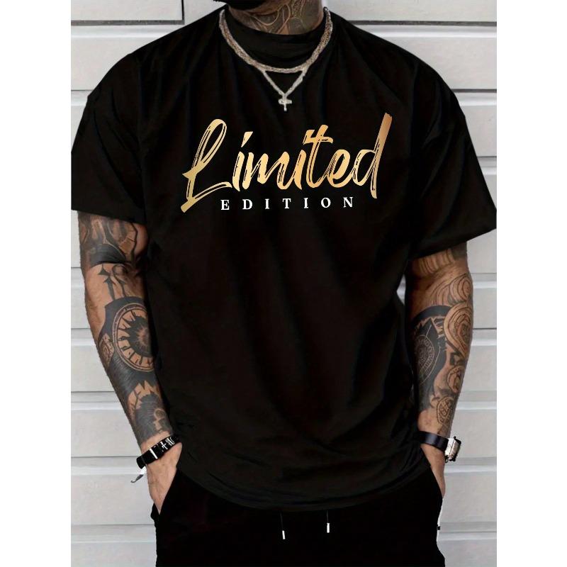 Men Limited Edition Golden Letter Print T-Shirt Regular Fit Round Neck Short Sleeve Summer Tee With Limited Edition Text