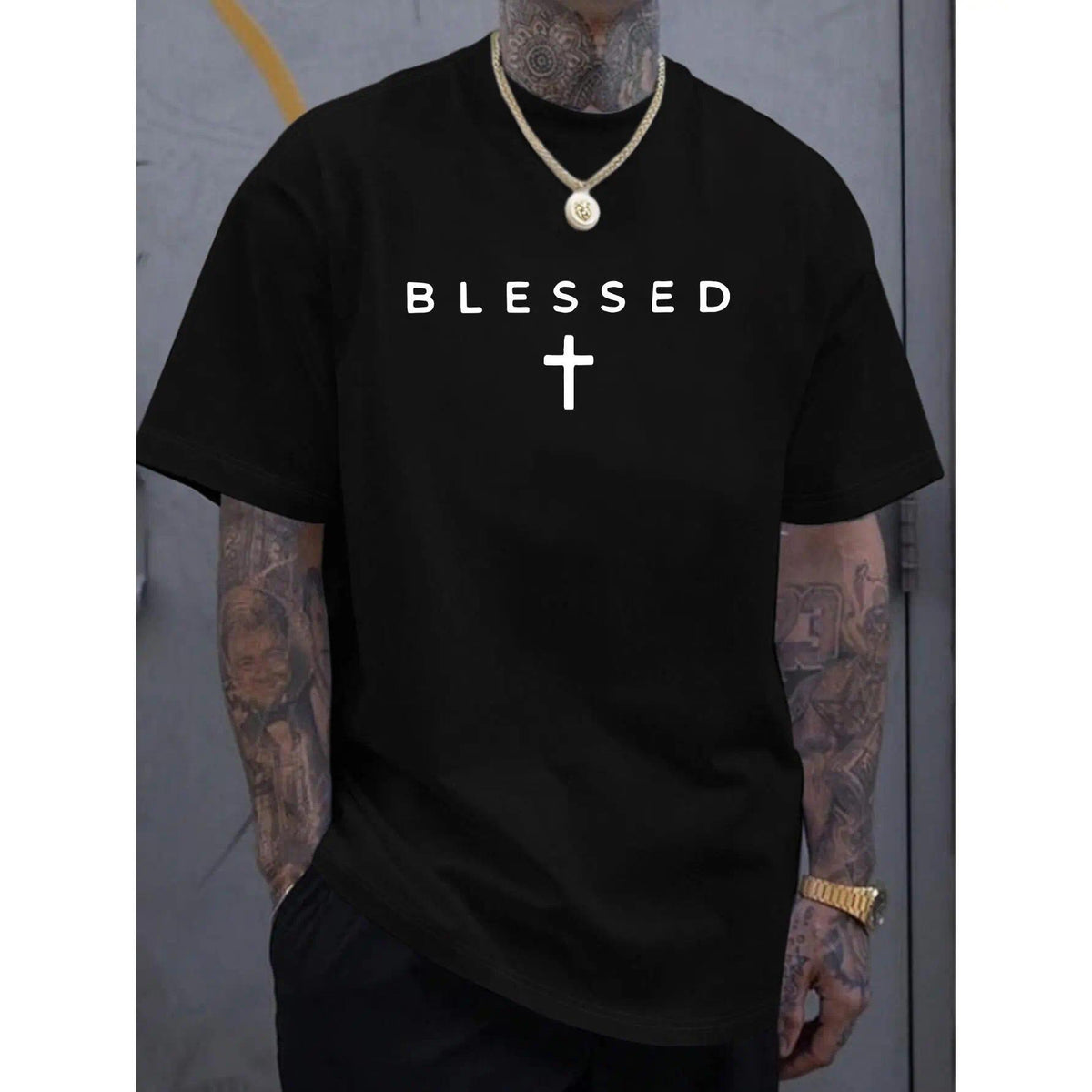 Men’s Faith-Inspired Black Graphic Menswear Top - Cross Print, Blessed Print, Soft Lightweight Cotton Round-Crew Neck Shortsleeve Shirt for Summer Comfort, Everyday Casual Outfits, Tops, Round Neck, Relaxed Fit, Classic