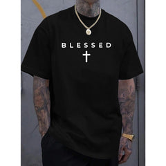 Men’s Faith-Inspired Black Graphic Menswear Top - Cross Print, Blessed Print, Soft Lightweight Cotton Round-Crew Neck Shortsleeve Shirt for Summer Comfort, Everyday Casual Outfits, Tops, Round Neck, Relaxed Fit, Classic