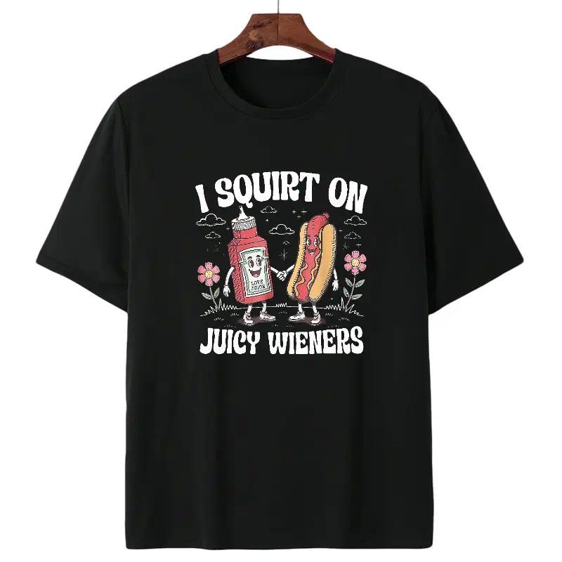 Juicy Wieners Graphic T-Shirt, Funny Hot Dog and Ketchup Cartoon Tee, Humorous T-Shirt for Casual Wear, Gift for Food Lovers and Retro Humor Fans Garment Loose Tshirt