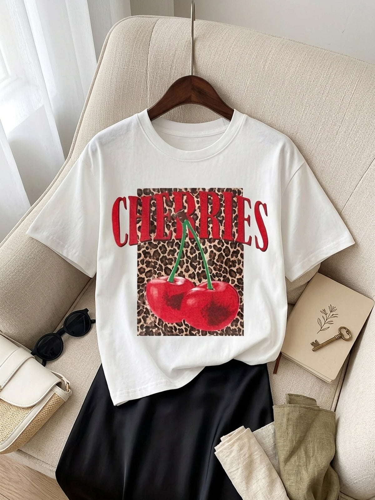 Summer New Cherry Print T-Shirt, Casual Regular Round Neck Top Fashion Women Short Sleeve Tees Gift For Women