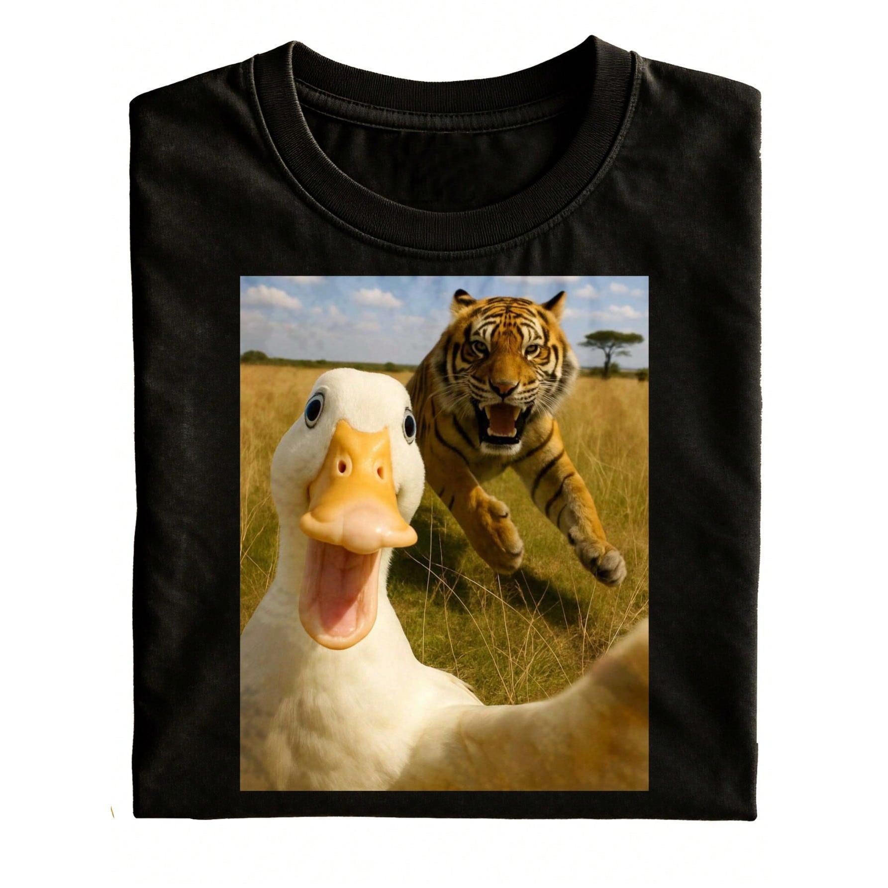 Fun Duck & Tiger Graphic T-Shirt for Women, Soft Cotton Short-Sleeve Top, Casual Animal Print Clothes for Daily Wear, Shortsleeve, Crew Neck, Round Neck, Stripes/Plaids, Pure Cotton