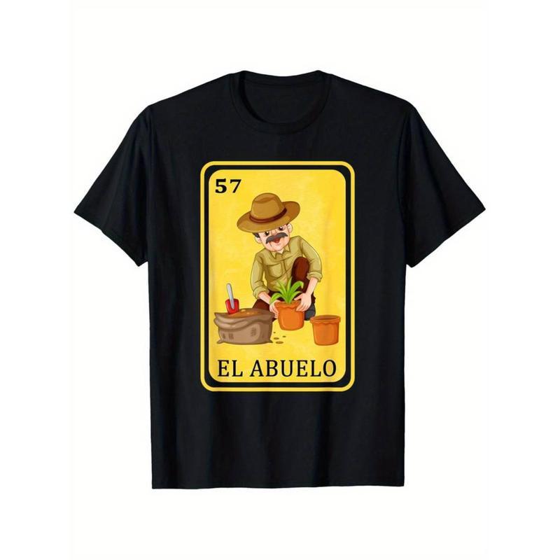 Short Sleeve Print Men's Spanish-Mexican Style Funny Graphic T-Shirt, 100% Cotton, Black Crew Neck with "El Abuelo" Print