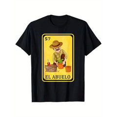 Short Sleeve Print Men's Spanish-Mexican Style Funny Graphic T-Shirt, 100% Cotton, Black Crew Neck with "El Abuelo" Print