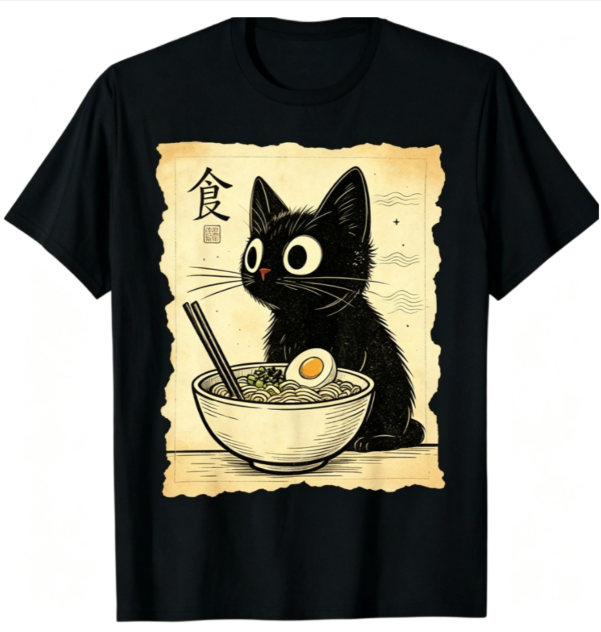 Funny Cat Ramen Graphic T-Shirt, Cute Black Cat Eating Noodles Print Short Sleeve Casual Tee, Japanese Inspired Shirt for Cat Lovers Men Women