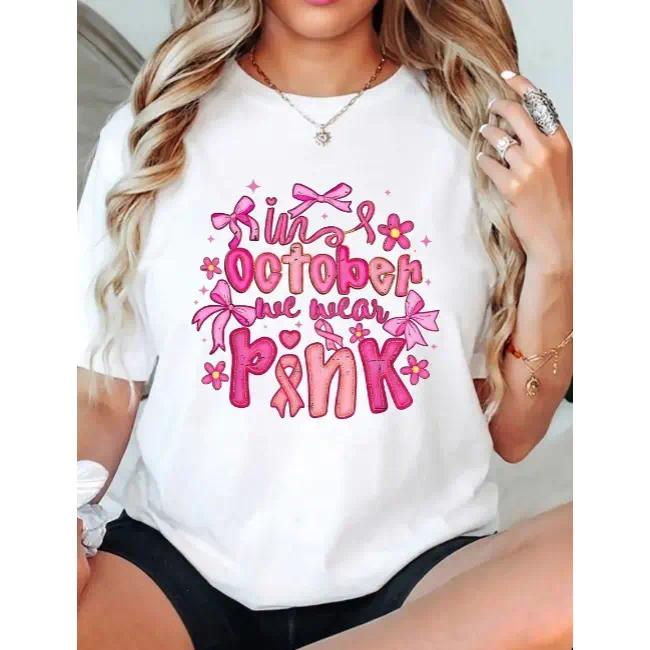 Women's 100% Cotton October We Wear Pink Breast Cancer Graphic Top - Coquette Bow Ribbon, Round Neck, Short Sleeve, Everyday Essential Unisex Cargo Sportswear, Machine Washable, All-Season Casual Sports Top