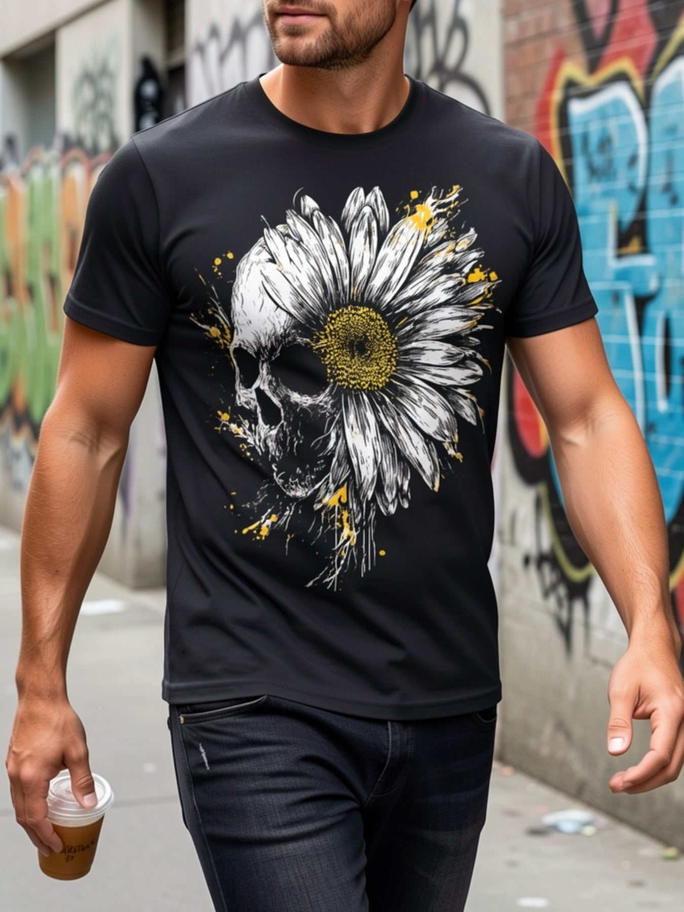 Skull Daisy Floral Art Gothic Graphic Tee for Men Women, Creepy Cute Flower Skeleton Short Sleeve T-Shirt, Casual Crew Neck Top for Halloween Gift