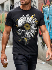 Skull Daisy Floral Art Gothic Graphic Tee for Men Women, Creepy Cute Flower Skeleton Short Sleeve T-Shirt, Casual Crew Neck Top for Halloween Gift
