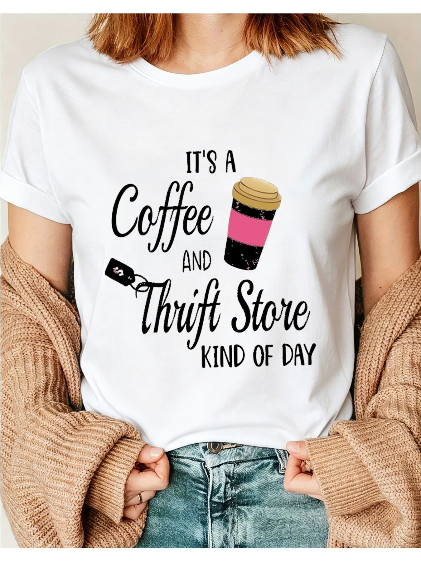 It’s A Coffee And Thrift Store Kind Of Day Graphic T‑Shirt, Fun Coffee Cup Print Crewneck Short Sleeve Tee for Casual Daily Wear