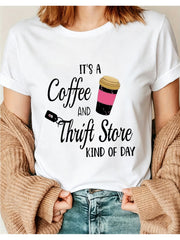 It’s A Coffee And Thrift Store Kind Of Day Graphic T‑Shirt, Fun Coffee Cup Print Crewneck Short Sleeve Tee for Casual Daily Wear