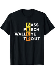 Funny Fishing Beer Graphic T‑Shirt, Bass Perch Walleye Trout Fish Species Print Crew Neck Tee,Men Tshirts，Women Tshirts，100% Cotton Casual Outdoor Gift for Angler Beer Lovers