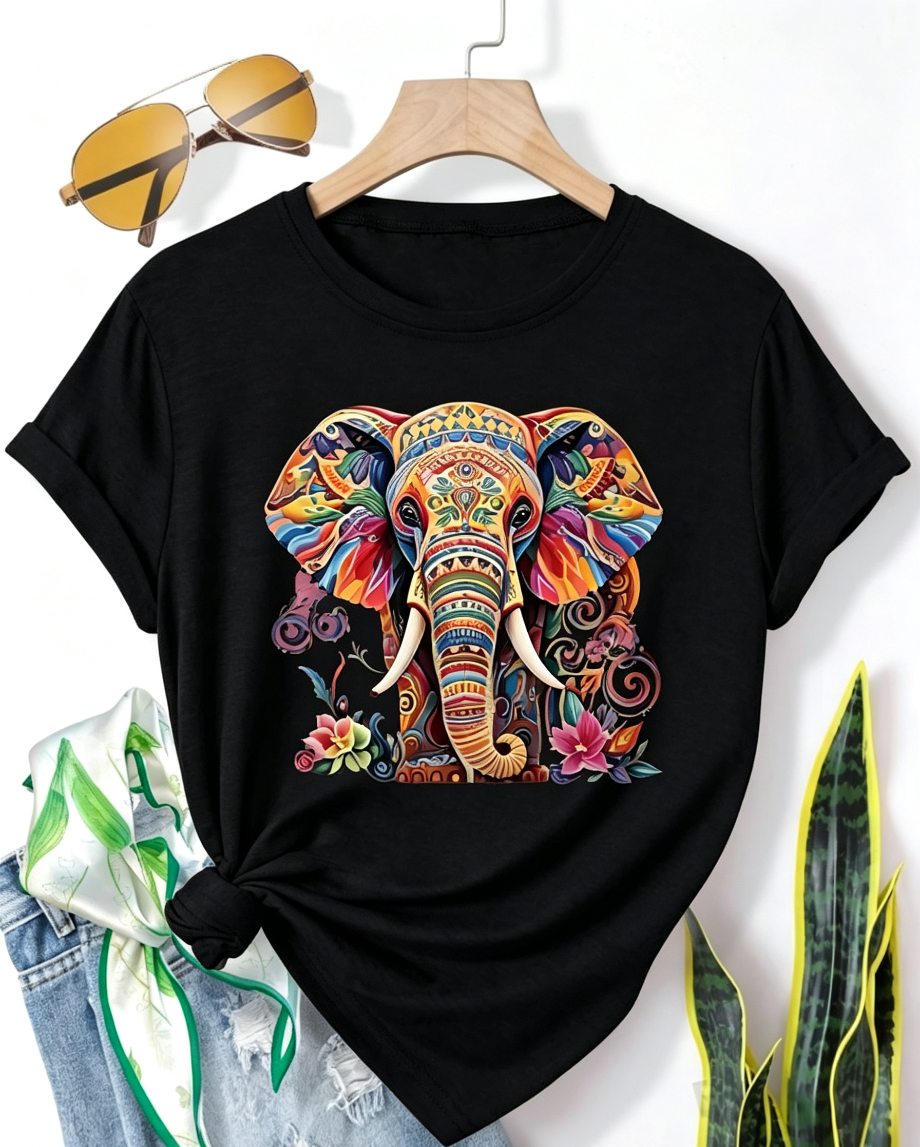 Women'S Vibrant Elephant Print T-Shirt - Casual Retro Style, Short Sleeve For Women，Crew Neck Elephant Graphic Tshirt