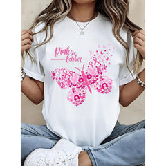 Women Black T Shirt Pink For October Breast Cancer Awareness Butterfly Graphic Tee Casual Daily Wear