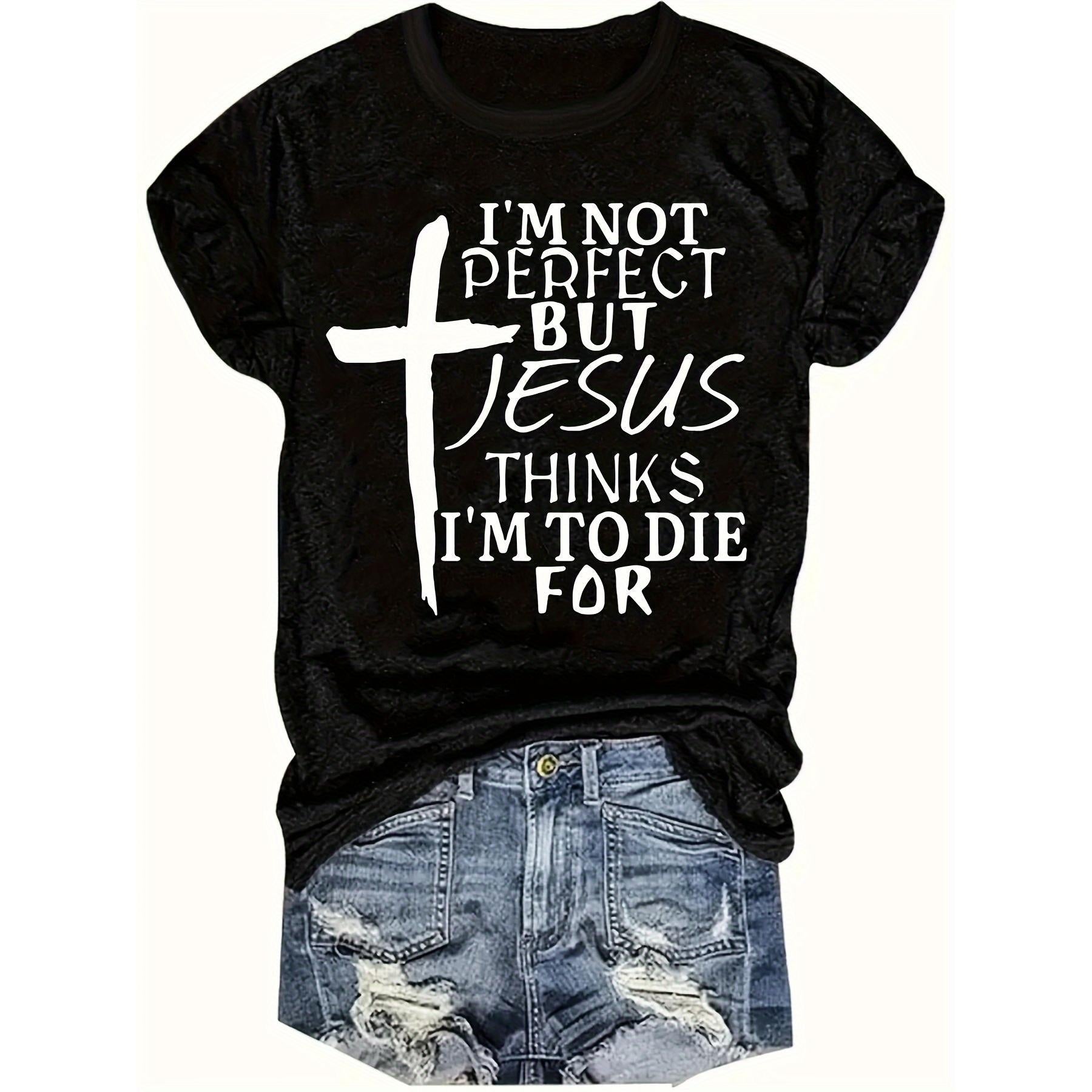 Plus Size Cross & Letter Print T-Shirt, Casual Short Sleeve Top For Spring & Summer, Women's Plus Size Clothing