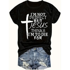 Plus Size Cross & Letter Print T-Shirt, Casual Short Sleeve Top For Spring & Summer, Women's Plus Size Clothing