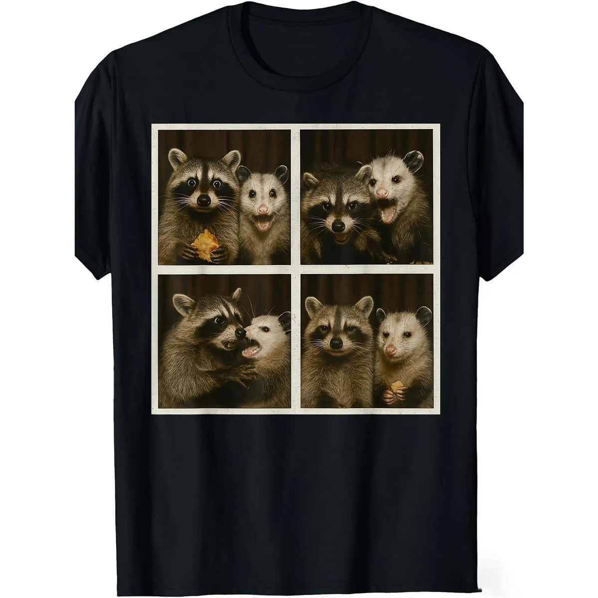 Unisex Retro Vintage Original Menswear Cotton T-Shirt - Funny Possum & Raccoon Photobooth Selfie Graphic, 4 Animal Selfies, 220gsm Heavyweight, Breathable, Short Sleeve, All-Season Fit, Casual & Day Themed Events, Vintage Shirts, Casual Fit, Animal Charac