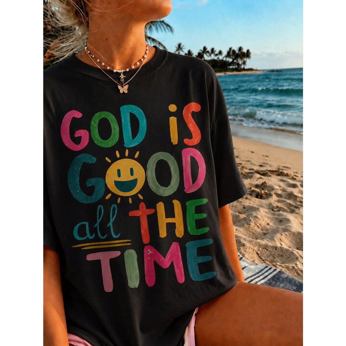 Casual Short Sleeve T-Shirt With 'God Is Good All The Time' Print Round Neck Tee Top