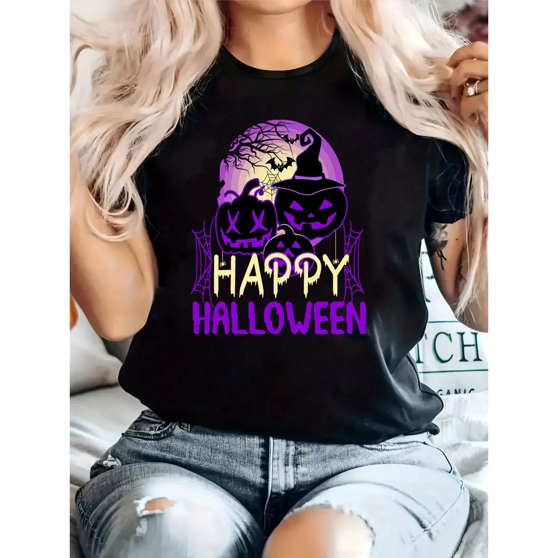 Halloween Print Women T Shirt Round Neck Short Sleeved Slightly Elastic Fabric Regular Style Comfortable Top For All Seasons Women Clothes