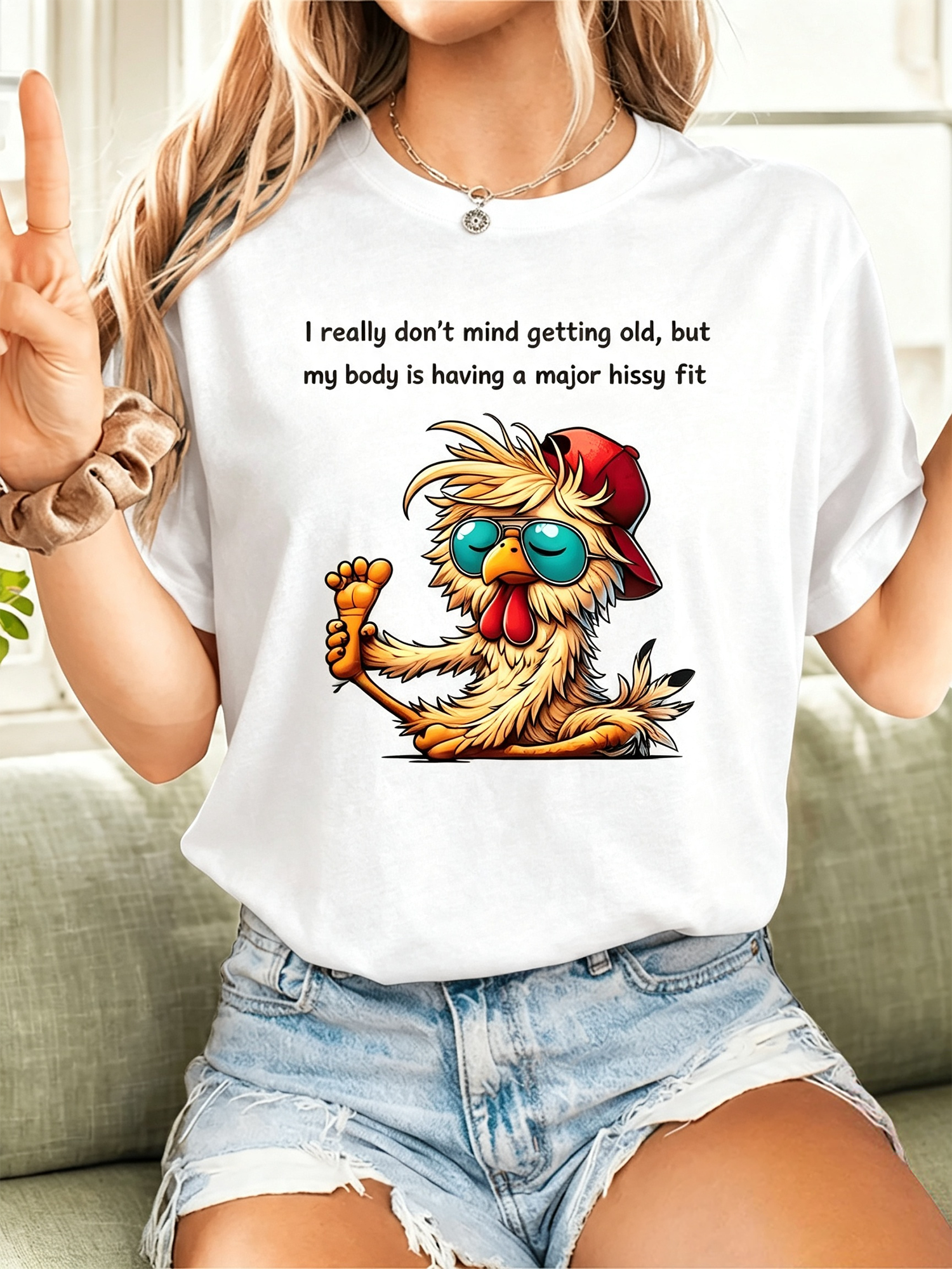 Funny Sarcastic Aging Quote Chicken Graphic T-Shirt, Cool Sunglasses Rooster Casual Short Sleeve Unisex Shirt For Relaxed Daily Wear