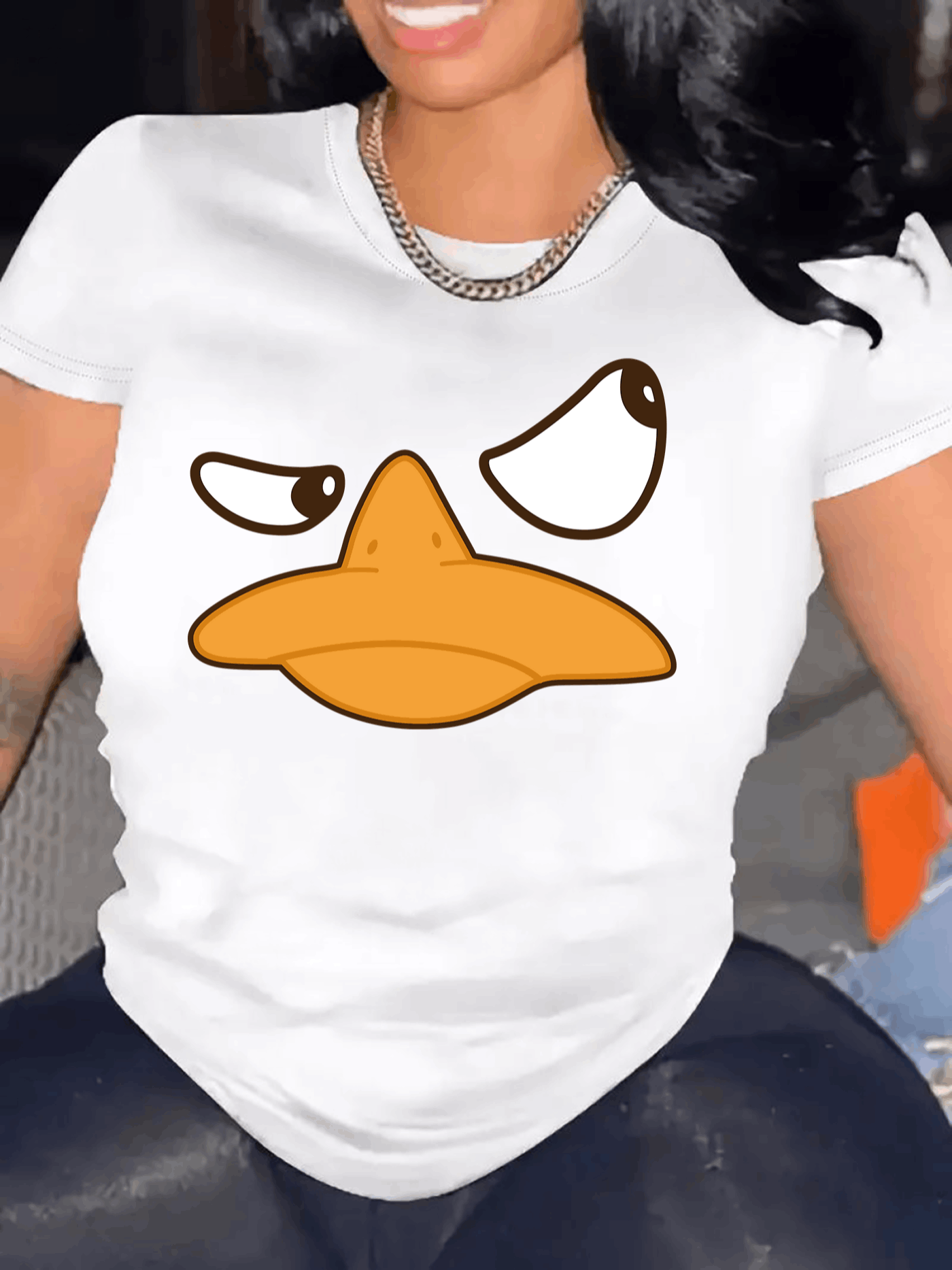 Sassy Cartoon Duck Women Graphic Tee, Funny Duck Face Animal Print Crew Neck Short Sleeve T‑Shirt