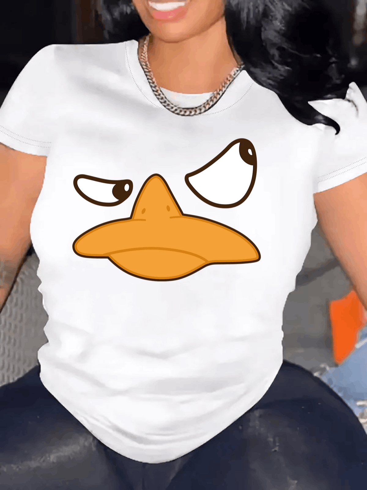 Sassy Cartoon Duck Women Graphic Tee, Funny Duck Face Animal Print Crew Neck Short Sleeve T‑Shirt