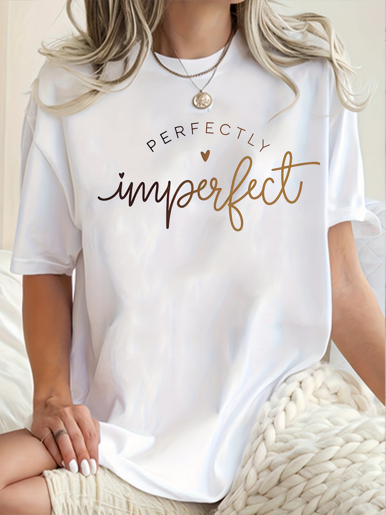 Women's  "The Perfect Imperfection" T-Shirt Simple letter graphic printed T-shirt Round Neck Short Sleeve Top Women Tshirt