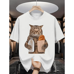 Women's Short-Sleeve Cotton T-Shirt - Fun Grocery Cat Pattern, White Round Neck Casual Clothes, Shortsleeve, Sports, Natural, Tshirt