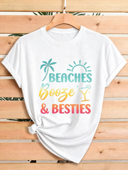 Beaches Booze & Besties Gradient Print T-Shirt, Palm Sun Cocktail Summer Vacation Casual Short Sleeve Top For Girls Trip Beach Party Wear