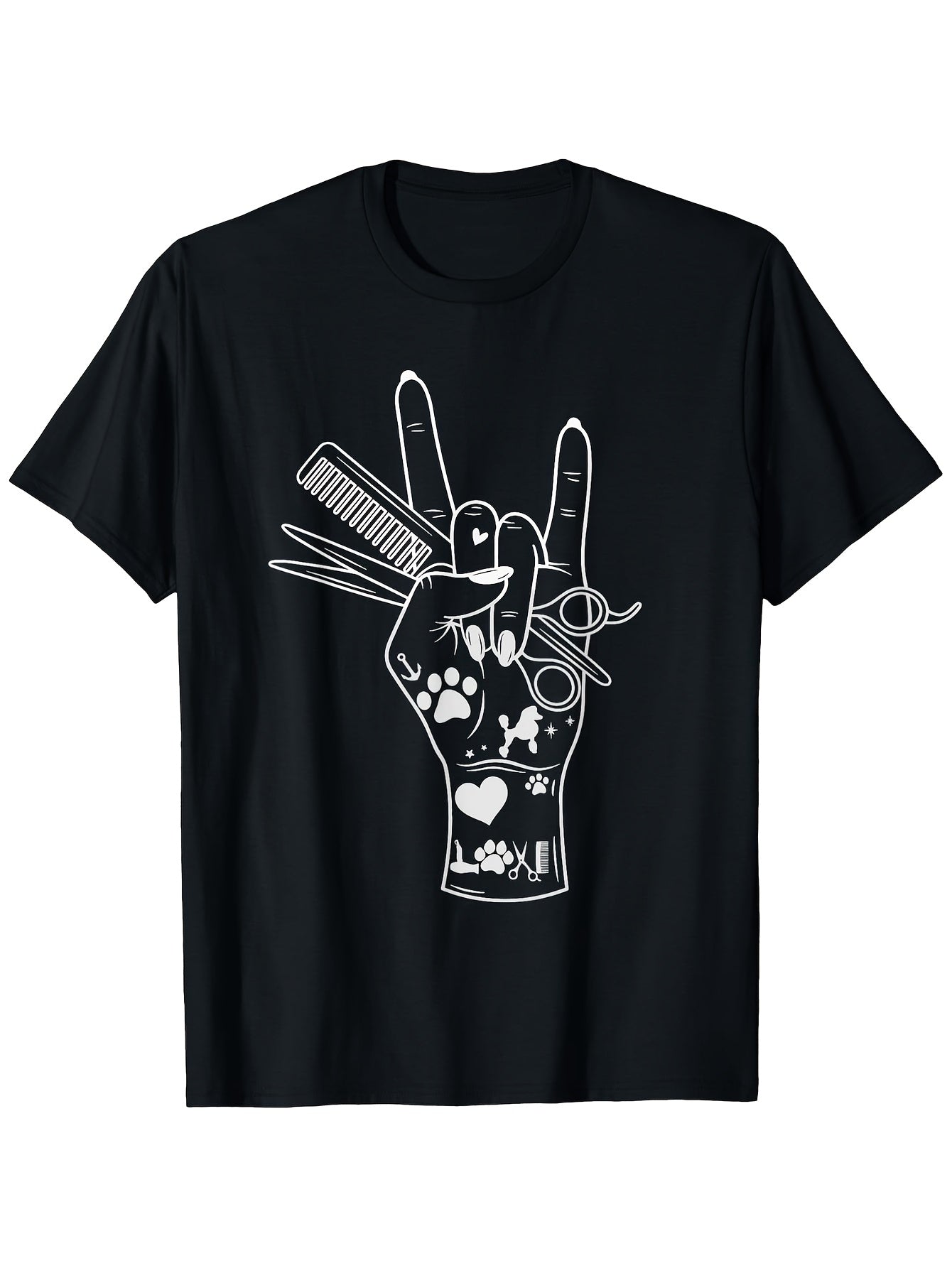 Funny Dog Groomer Rock Hand Pet Grooming Tools Graphic T‑Shirt, Unisex Cotton Crew Neck Short Sleeve Tee, Pet Lover Casual Novelty Shirt, Gift For Dog Grooming Professionals