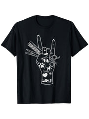 Funny Dog Groomer Rock Hand Pet Grooming Tools Graphic T‑Shirt, Unisex Cotton Crew Neck Short Sleeve Tee, Pet Lover Casual Novelty Shirt, Gift For Dog Grooming Professionals
