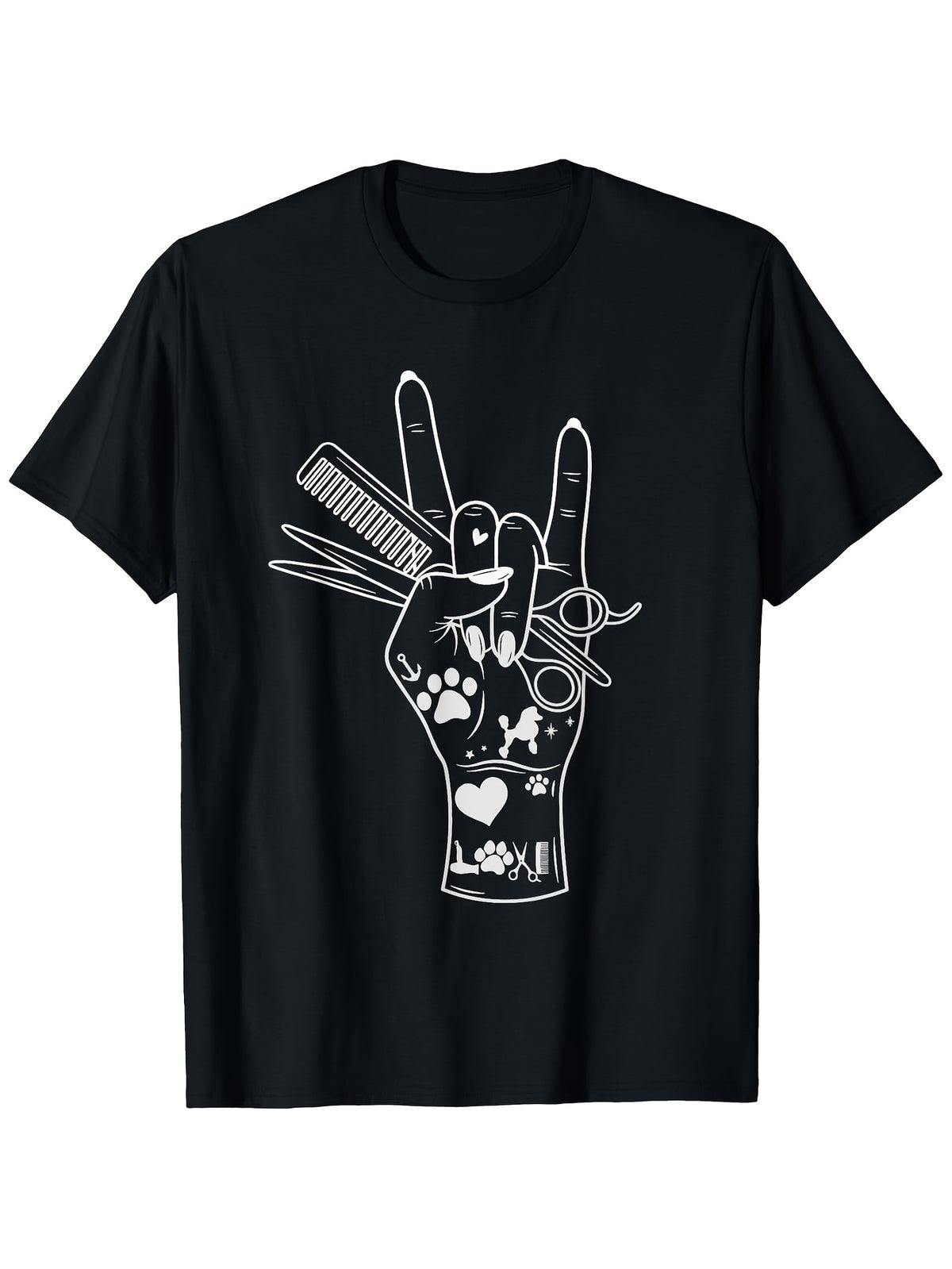 Funny Dog Groomer Rock Hand Pet Grooming Tools Graphic T‑Shirt, Unisex Cotton Crew Neck Short Sleeve Tee, Pet Lover Casual Novelty Shirt, Gift For Dog Grooming Professionals