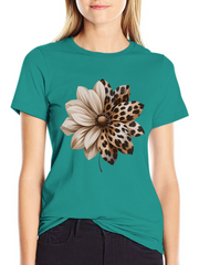 Women'S Elegant Style Plus Size Short Sleeve, Half Leopard Print Half Solid Dahlia Pattern Round Neck Comfortable