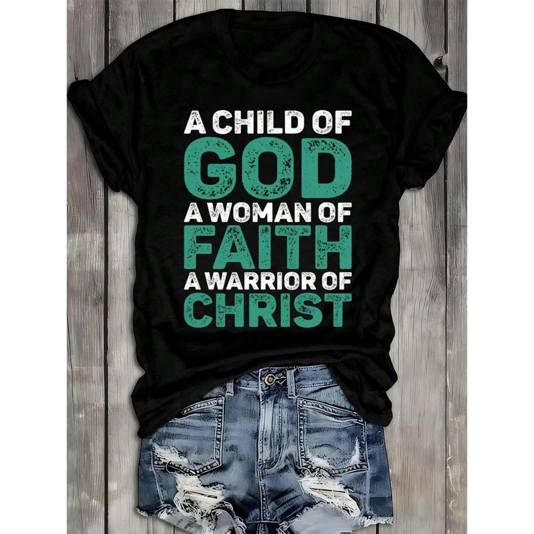 Women's Faith Warrior T-Shirt 100% Black Short Sleeve Round Neck Casual Tee With Spiritual Sayings & Hands Design - Comfortable For Church,