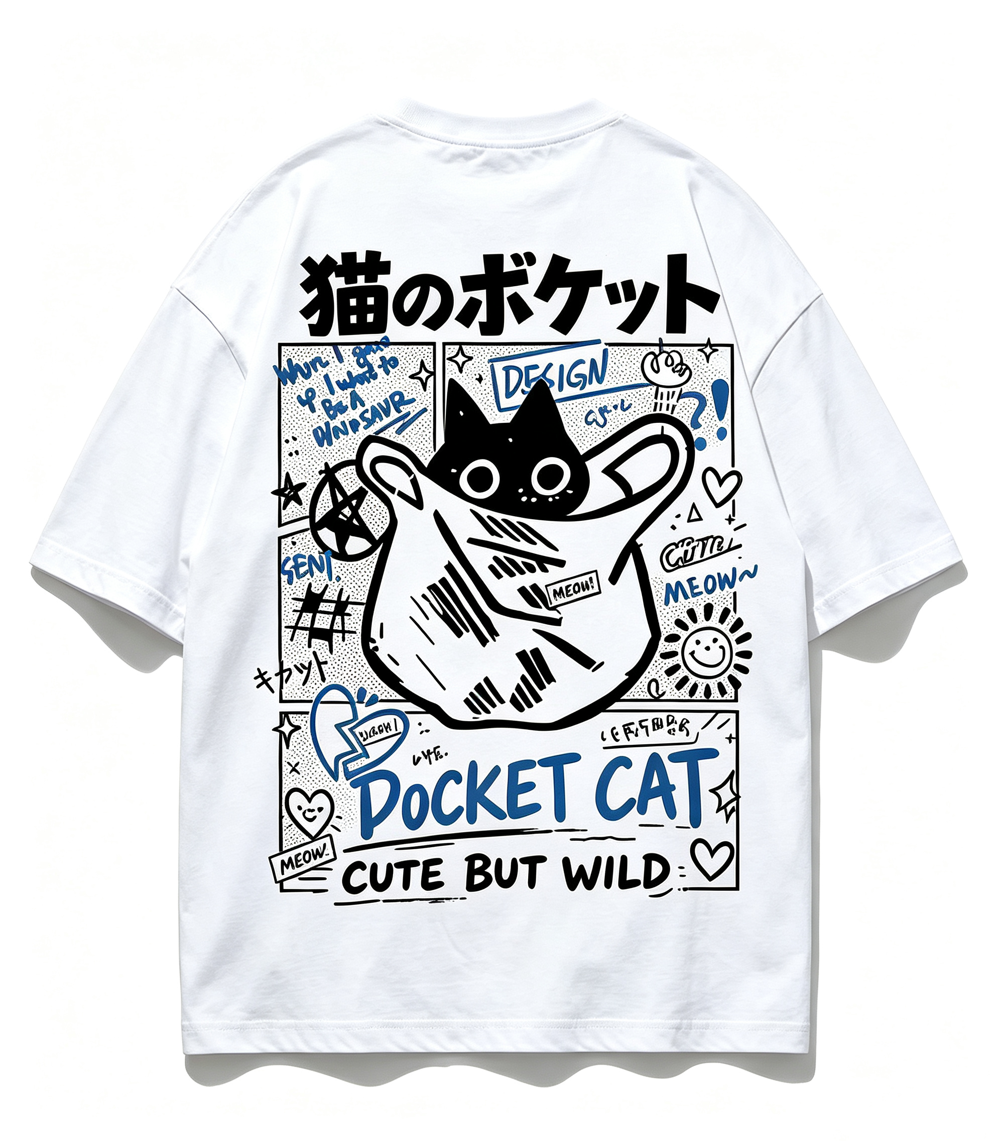 Unisex Pocket Cat Graphic T‑Shirt, Cute But Wild Street Doodle Back Print, Japanese Style Casual Crew Neck Short Sleeve Tee for Men Women