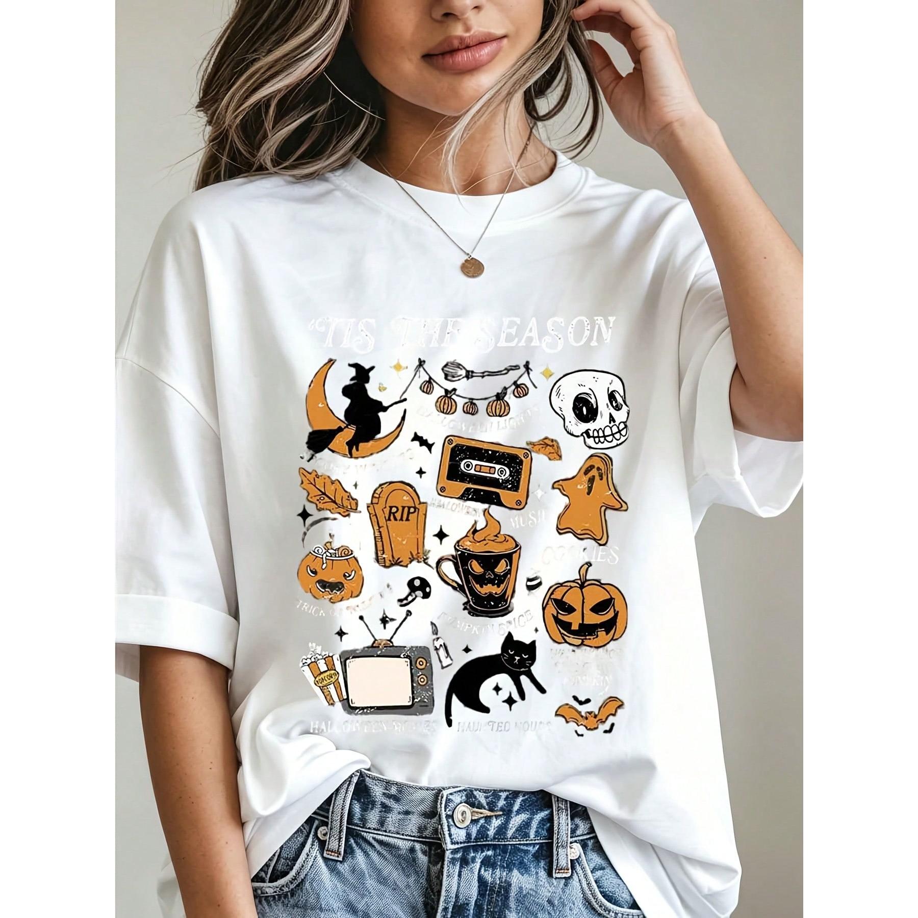 Women Casual Halloween Graphic Tee Tis The Season Witch Skull Pumpkin Ghost Cassette Tape Print Top Autumn Festival Gift For Friends