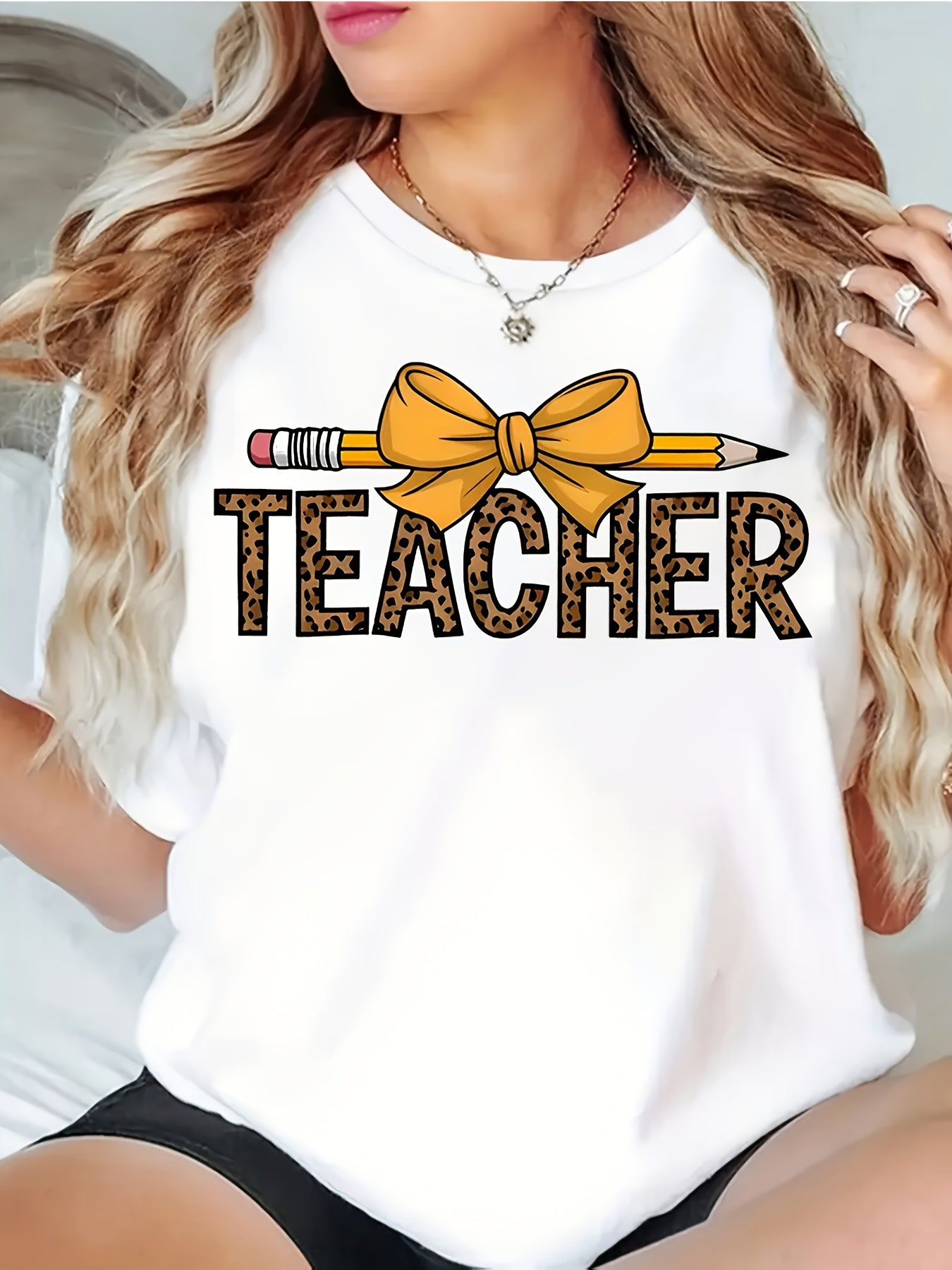 Leopard Print Pencil Bow Short-Sleeve T-Shirt for Teachers - a Casual, Breathable Summer Top - The Perfect Gift for Teacher'S Day And Year-End, Ideal for Educators And Loved Ones